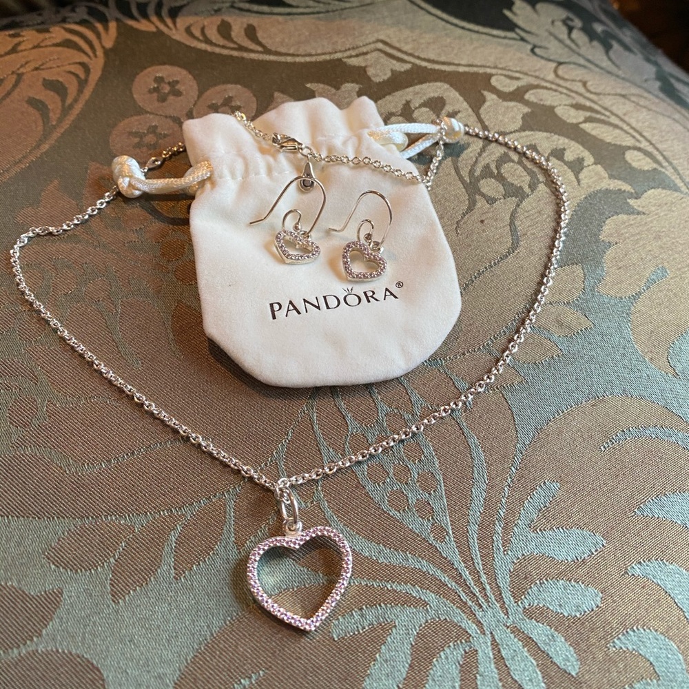 Pandora pink cz heart necklace & earring charm set